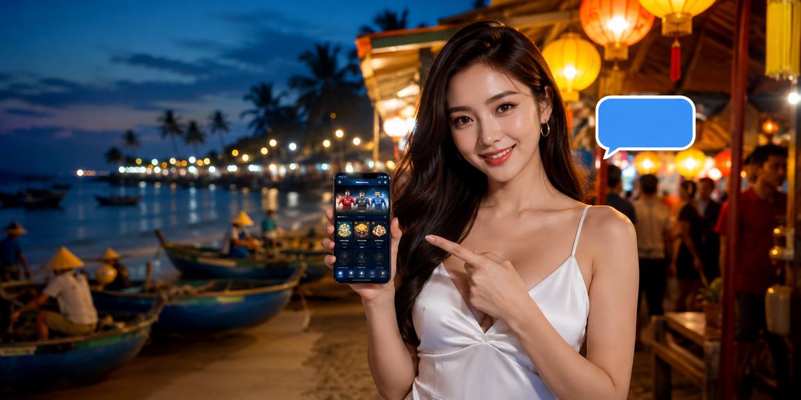 Người dùng tại Mũi Né trải nghiệm casino di động trong không khí chợ đêm sôi động